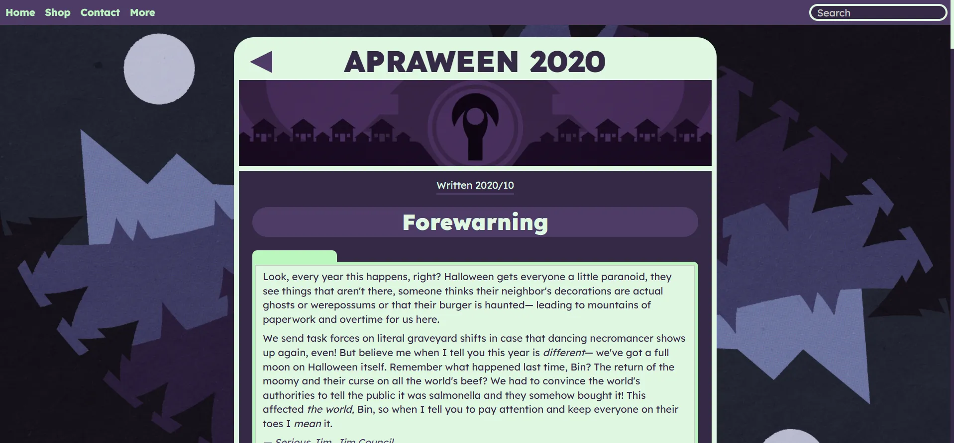 Screenshot of the APRA website. The page is styled to look like a US national park sign, but in green and purple tones. The background depicts a stylized forest.